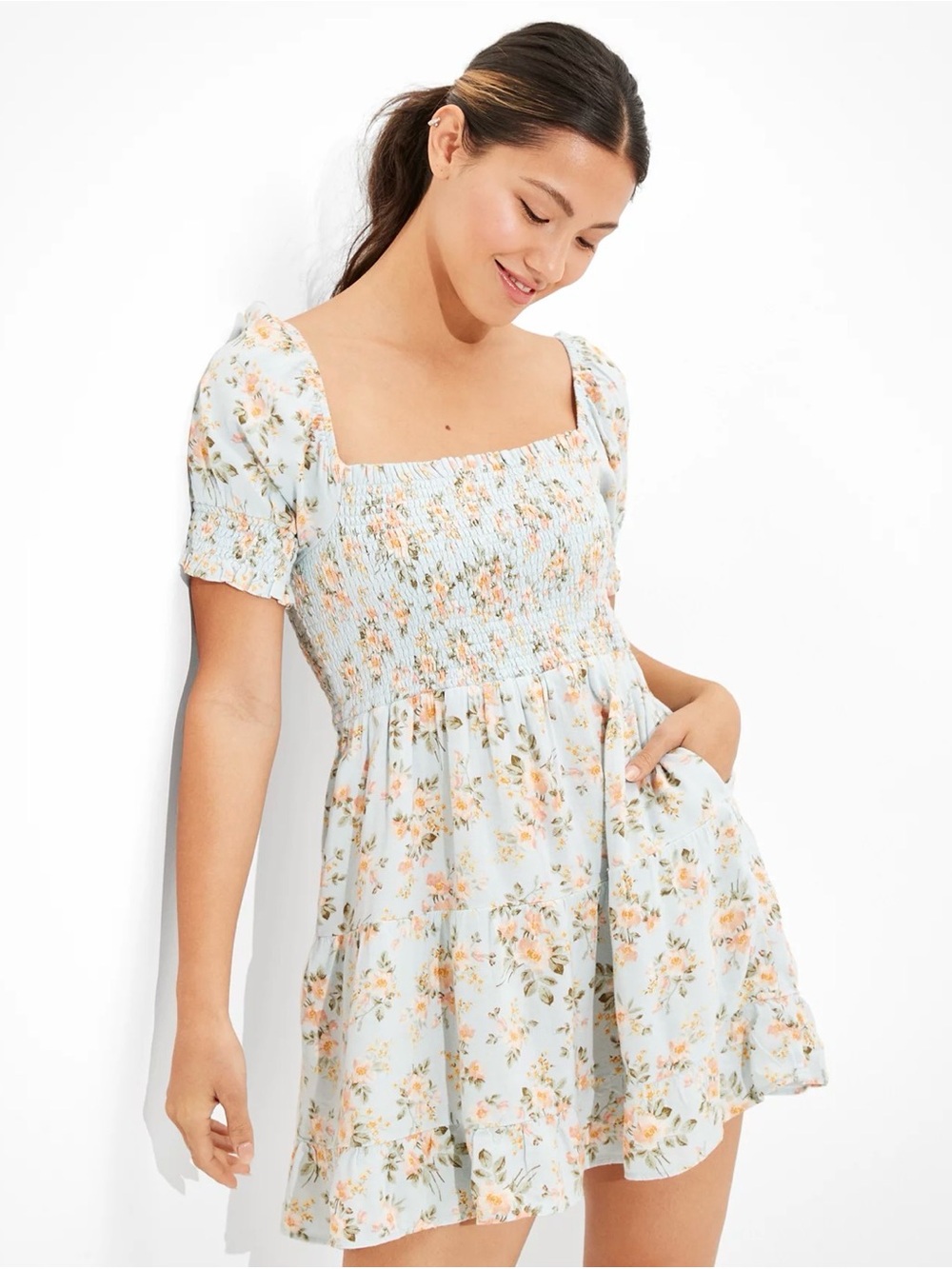 American Eagle Picnic Pretty Light Blue Floral Cotton Mini Dress Short Sleeve M